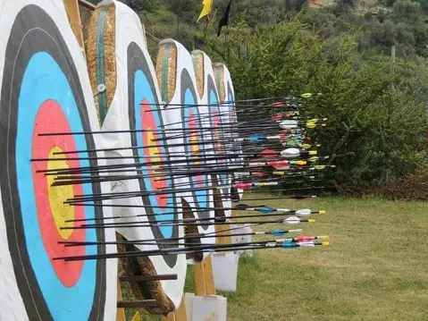 Bersagli allineati sul campo all'aperto, con le frecce appena tirate